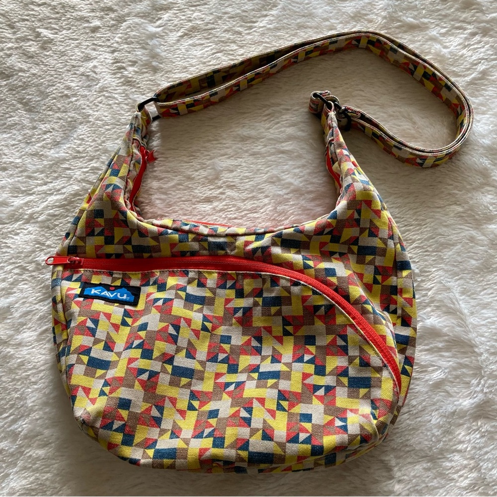 Kavu Multicolor Geometric Canvas Crossbody Bag with Red Trim